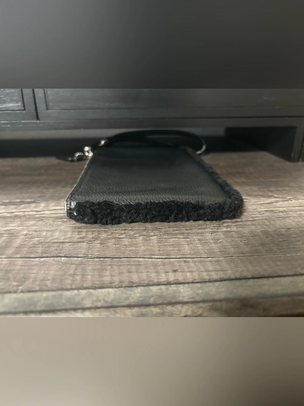 Coach Black Pebbled Leather Shearling-Trim Wristlet